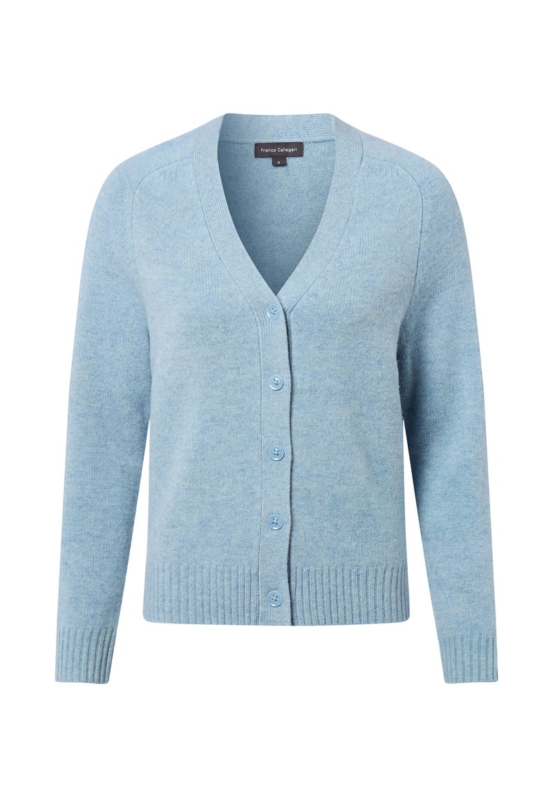 Lichtblauwe cardigan gemaakt van zacht materiaal, met een V-hals, knoopsluiting aan de voorkant, geribbelde manchetten en zoom. Glad textuur met een subtiel patroon.
