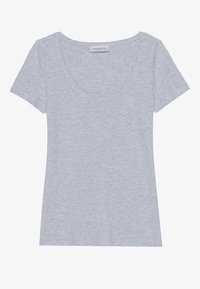 Sivi kratki rukav T-shirt s izrezom u obliku staze, izrađen od mekanog, laganog pamuka, s glatkom teksturom i prilagođenim oblikom.