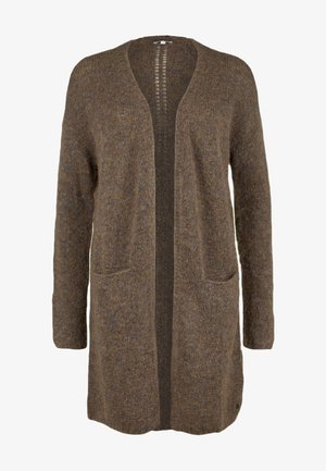 Lang brun strikket cardigan med åben front, lange ærmer og to forlommer.