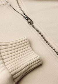 Sweat-shirt zippé beige avec une fermeture éclair argentée et des poignet côtelés. Tissu lisse à texture douce, mettant en avant un design simple et une fonctionnalité.