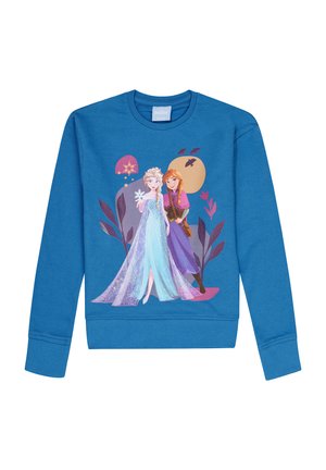Blaues Sweatshirt mit einem Frontgrafik von zwei Charakteren und floralen Akzenten, weicher Textur und Rundhalsausschnitt.