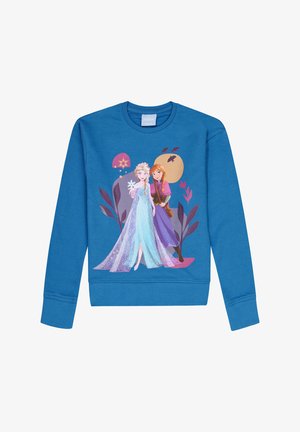 Sudadera azul con un gráfico frontal de dos personajes con acentos florales, textura suave y diseño de cuello redondo.