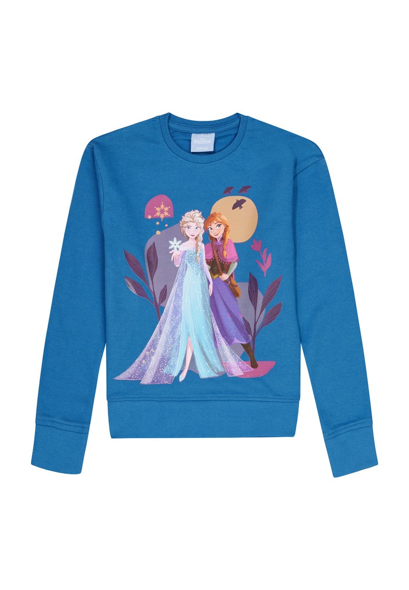 Felpa blu con una grafica frontale che raffigura due personaggi con accenti floreali, texture morbida e design a girocollo.