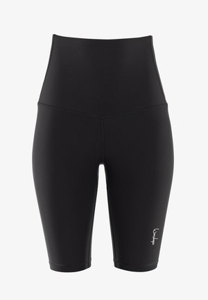 Czarne rowerowe spodenki z wysokim stanem, wykonane z elastycznego materiału, z płaskimi szwami, akcentem logo na dolnej części nogawki oraz dopasowanym krojem.
