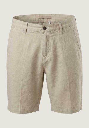 Shorts pour hommes en lin beige avec passants pour ceinture, fermeture avant à boutons, poches latérales et coupe ajustée.