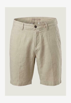 Beige hørshorts til mænd med bæltestropper, forreste knaplukning, sidelommer og en skræddersyet pasform.