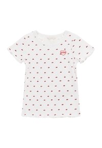 T-shirt bianco a maniche corte con motivo a ciliegie e un piccolo logo rosso a forma di cuore "GUESS" sul petto. Tessuto morbido.