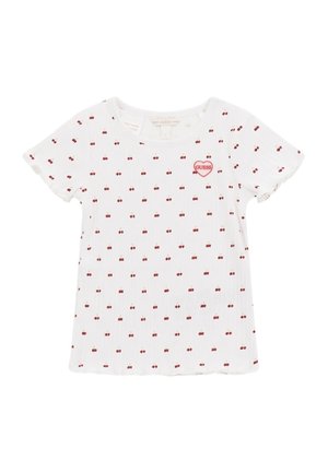 T-shirt bianco a maniche corte con motivo a ciliegie e un piccolo logo rosso a forma di cuore "GUESS" sul petto. Tessuto morbido.