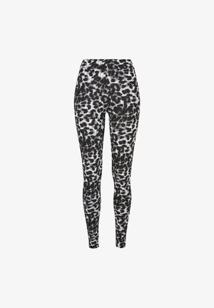 High-waisted leggings featuring a black and white leopard print pattern, made from stretchy fabric for a fitted silhouette.