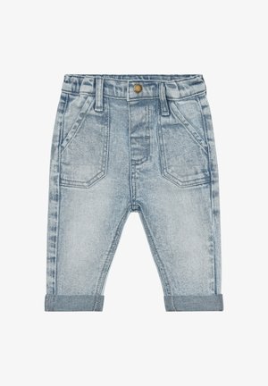 Jeans di denim azzurro chiaro per bambino con risvolti, tasche frontali, passanti per cintura e chiusura con bottone in metallo.