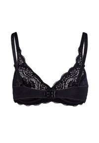 Černá krajková braletka s nastavitelnými ramínky, květinovým krajkovým vzorem, kosticovou podporou a zapínáním na háček a očko na zádech.