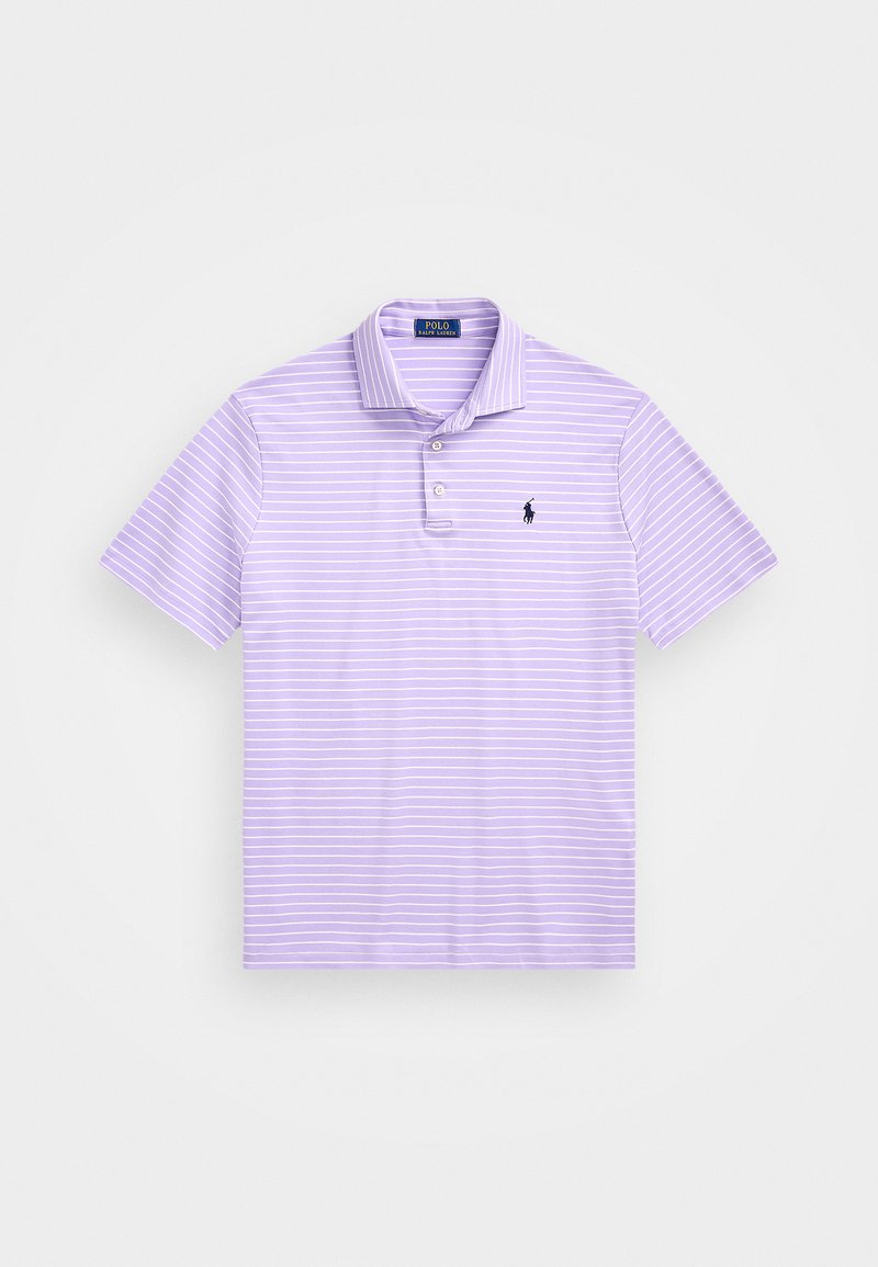 Light purple polo shirt with white horizontal stripes. Features a fold-over collar, three-button placket, and a small black logo on the chest.
