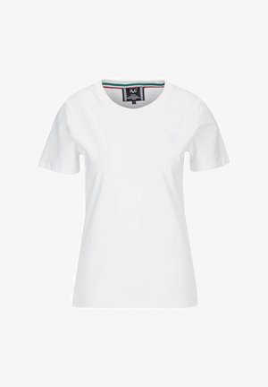 Witte t-shirt met korte mouwen en een ronde hals. Heeft een subtiele logo op de borst en een gekleurde accent binnen het halslabel.