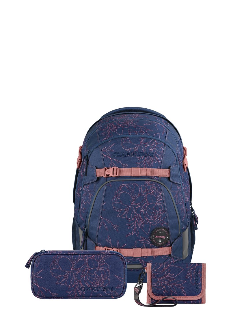 Blue backpack with pink floral pattern, matching pencil case, and wallet with wrist strap, all featuring brand logos and buckles.