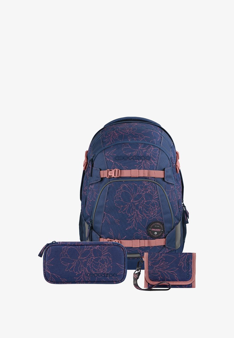 Blue backpack with pink floral pattern, matching pencil case, and wallet with wrist strap, all featuring brand logos and buckles.