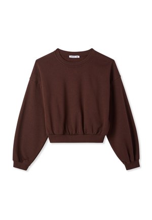 Felpa corta marrone realizzata in tessuto morbido. Presenta una scollatura rotonda, maniche lunghe e una vita arricciata per una vestibilità rilassata.