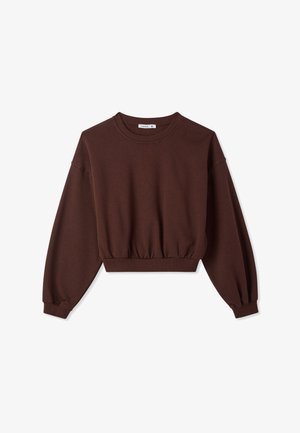 Felpa corta marrone realizzata in tessuto morbido. Presenta una scollatura rotonda, maniche lunghe e una vita arricciata per una vestibilità rilassata.