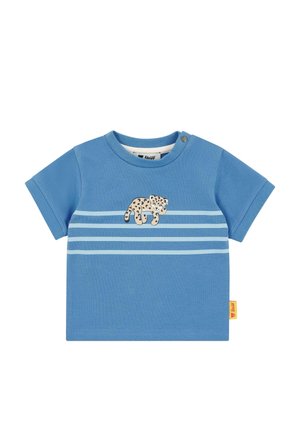 Blaues Baumwoll-T-Shirt mit kurzen Ärmeln, mit einem Leoparden-Design und zwei horizontalen hellblauen Streifen über der Brust.