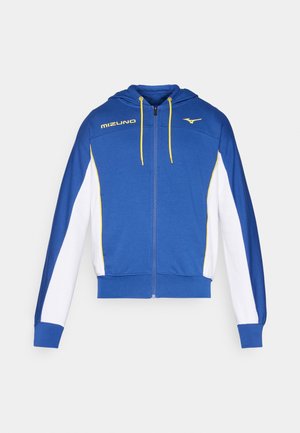 Blue zip-up hoodie with white sleeves, yellow accents, and a hood. Features a Mizuno logo on the chest and contrasting zipper detailing.