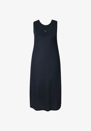 Marineblauwe mouwloze jurk met een V-hals, gladde textuur, knie-lange ontwerp en een subtiele logo-accent aan de zoom.