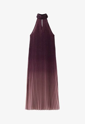 Robe plissée violette avec un col licou, présentant un bord supérieur lisse et un effet ombré progressif du violet foncé au violet clair. Accents pailletés partout.