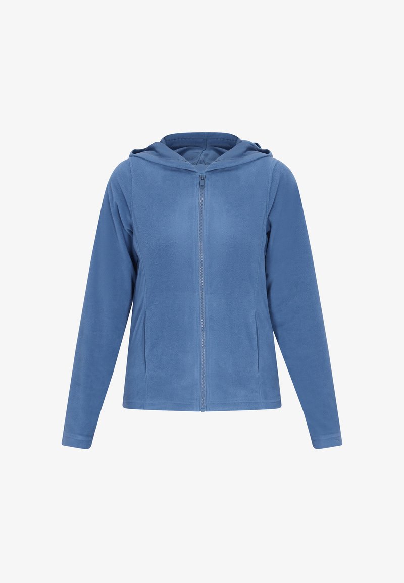 Niebieska polarowa bluza z kapturem na zamek z przodu, z regulowanym kapturem i dwoma bocznymi kieszeniami. Miękka tekstura i gładkie wykończenie.