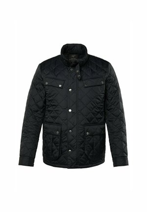 Gequilte zwarte jas met een hoge kraag, drukknoopsluiting, twee voorkasten en een gladde textuur. Bevat ruitpatronen op de stof.