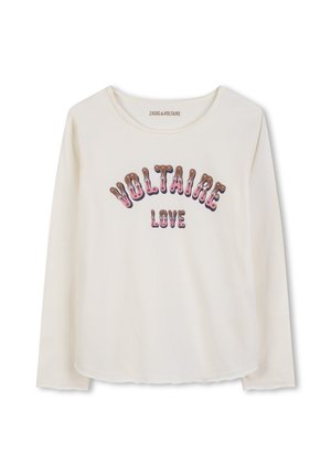 T-shirt en coton crème à manches longues avec un graphique multicolore "VOLTAIRE LOVE" en texte bold sur la poitrine. Texture douce et col rond.