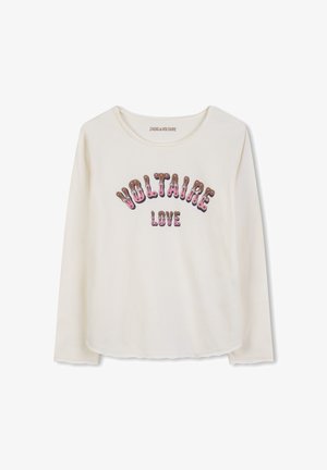 Langemouwige crèmekleurige katoenen t-shirt met een multicolor "VOLTAIRE LOVE" graphic in vette tekst over de borst. Zachte textuur en ronde halslijn.