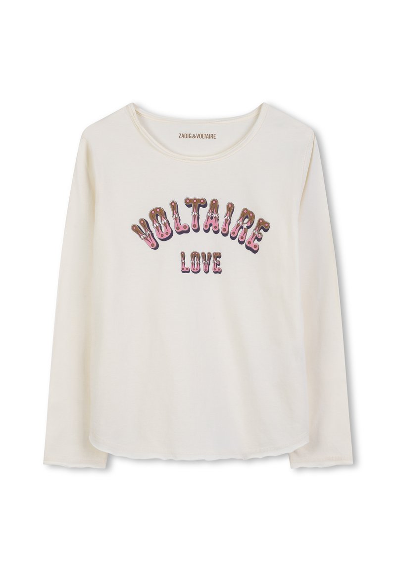 Langemouwige crèmekleurige katoenen t-shirt met een multicolor "VOLTAIRE LOVE" graphic in vette tekst over de borst. Zachte textuur en ronde halslijn.