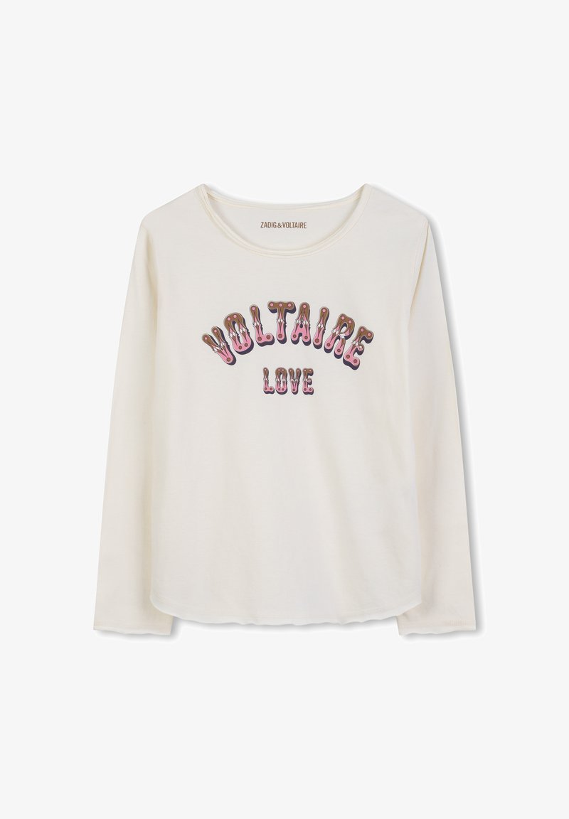 Langärmliges cremefarbenes Baumwoll-T-Shirt mit mehrfarbigem "VOLTAIRE LOVE"-Grafikdruck in fettem Text über der Brust. Weiche Textur und runder Halsausschnitt.