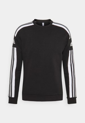 Schwarzer Sweatshirt mit weißen Streifen an den Schultern und Ärmeln, mit gerippten Bündchen und Rundhalsausschnitt. Adidas-Logo auf dem Ärmel.