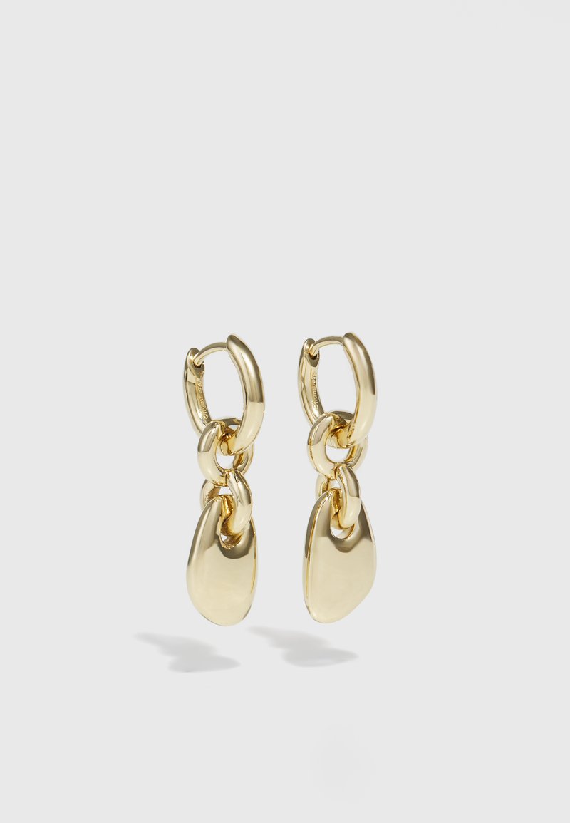 Gold hoop earrings featuring a linked design with smooth, teardrop-shaped accents. Reflective finish enhances visual appeal.