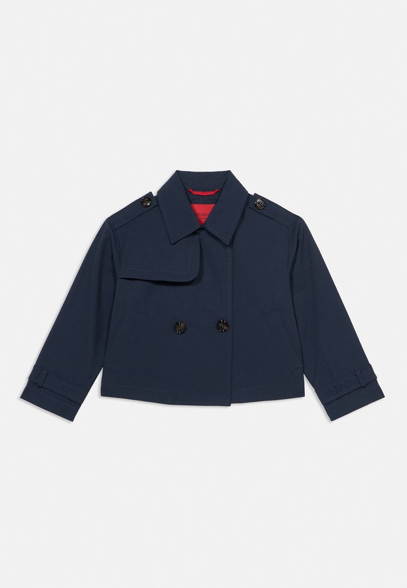 Μπλε ναυτικό cropped διπλό μπροστινό σακάκι με κουμπωτές ωμοπλάτες και λοξές πλαϊνές τσέπες, με κόκκινη επένδυση στο εσωτερικό του γιακά.