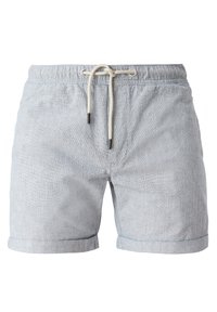 Shorts en tissu tissé bleu clair avec une texture douce, une taille élastique et un cordon ajustable. Présentent des revers roulés pour une finition soignée.