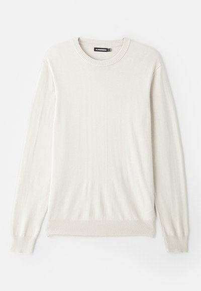 Hellbeige Langarmpullover aus weichem, glattem Stoff. Verfügt über einen gerippten Rundhalsausschnitt und eingefasste Säume für eine klassische Passform.