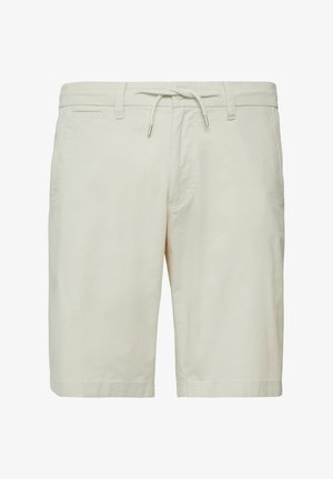 Beżowe szorty bawełniane z elastycznym pasem i sznurkiem, wyposażone w boczne kieszenie oraz prostą nogawkę. Gładka tekstura i czyste linie.