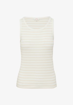 Top sin mangas de rayas en beige claro y crema. Tejido de algodón suave y elástico con un escote redondo. Diseño sencillo y ajustado.