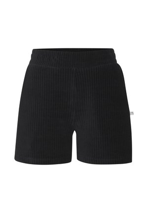 Schwarze, gerippte Shorts aus weichem Stoff mit elastischem Bund und einem kleinen weißen Etikett an der rechten Seitennaht.