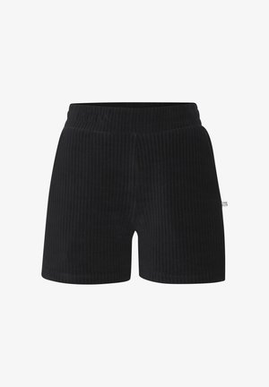 Zwarte geribbelde korte broek van zachte stof met elastische tailleband en een klein wit label aan de rechter zijnnaad.