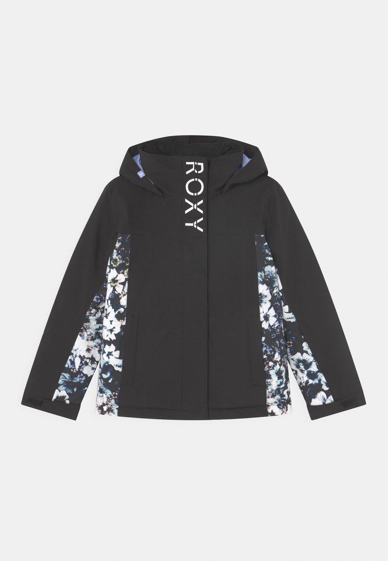 Veste à capuche noire avec panneaux latéraux floraux et manches, logo ROXY sur le rabat central avant, et poignets réglables en Velcro.