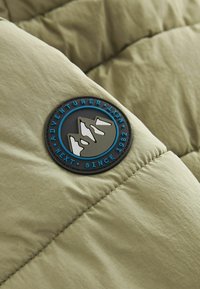 Tissu matelassé vert avec un patch rond montrant des sommets de montagne et le texte "ADVENTURER NEXT SINCE 1982" en bleu autour du bord.
