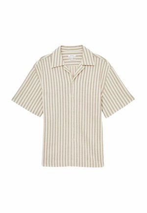 Chemise à manches courtes, boutonnée, en beige avec des rayures verticales. Dispose d'un col cranté et d'une coupe décontractée pour le confort.