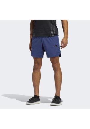 Homme portant un short de sport Adidas bleu, un t-shirt noir et des baskets noires, debout sur un fond blanc.