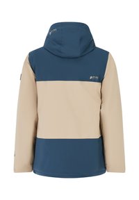 Beige und marineblaue Kapuzenjacke mit Farbblockdesign, glatter Textur, Logo-Details und elastischen Bündchen.