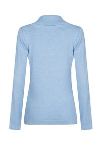 Maglione a maniche lunghe di colore blu chiaro con colletto e orlo a costine. Realizzato in un tessuto morbido con una superficie liscia. Nessun motivo o decorazione visibile.