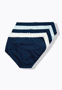 Set di quattro mutandine alte da donna in blu navy e azzurro. Due paia di colori solidi, uno con dettagli bianchi e uno con un motivo a pois.