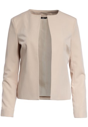 Beżowy, dopasowany żakiet z okrągłym dekoltem i otwartym przodem. Gładki materiał z długimi rękawami. Brak widocznych guzików lub zapięć.