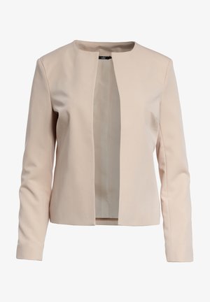 Beżowy, dopasowany żakiet z okrągłym dekoltem i otwartym przodem. Gładki materiał z długimi rękawami. Brak widocznych guzików lub zapięć.
