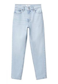 Jean denim bleu clair taille haute, coupe droite, avec poches avant et arrière, passants pour ceinture et fermeture par bouton.